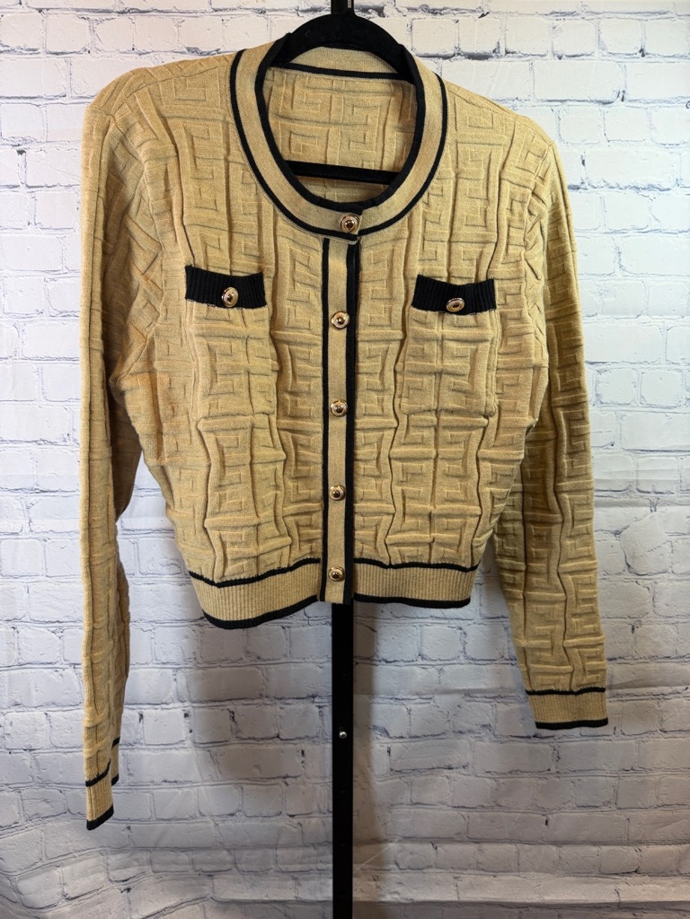Woven Pattern Tan Cardigan Jacket with Black Trim